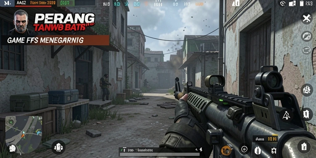 Screenshot menunjukkan aksi tembak-menembak yang dramatis dalam game FPS.