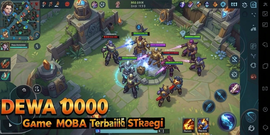 Tampilan permainan seru dalam DEWA1000 saat bertempur dalam arena MOBA.