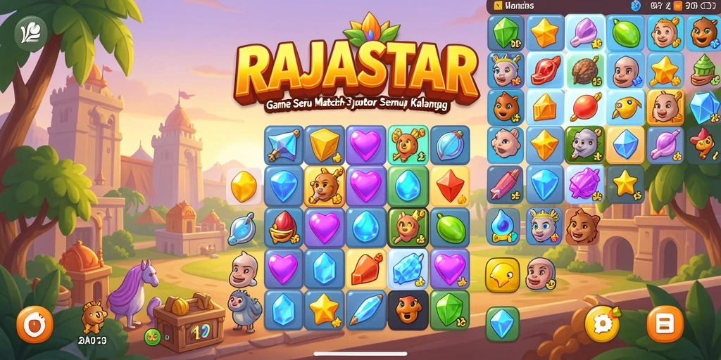 Tampilan gameplay menakjubkan dari RAJASTAR dengan elemen Match-3 yang seru.
