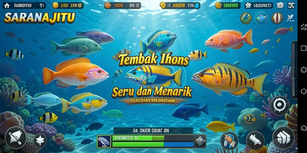 Tampilan gameplay seru di SARANAJITU dengan berbagai ikan menarik.